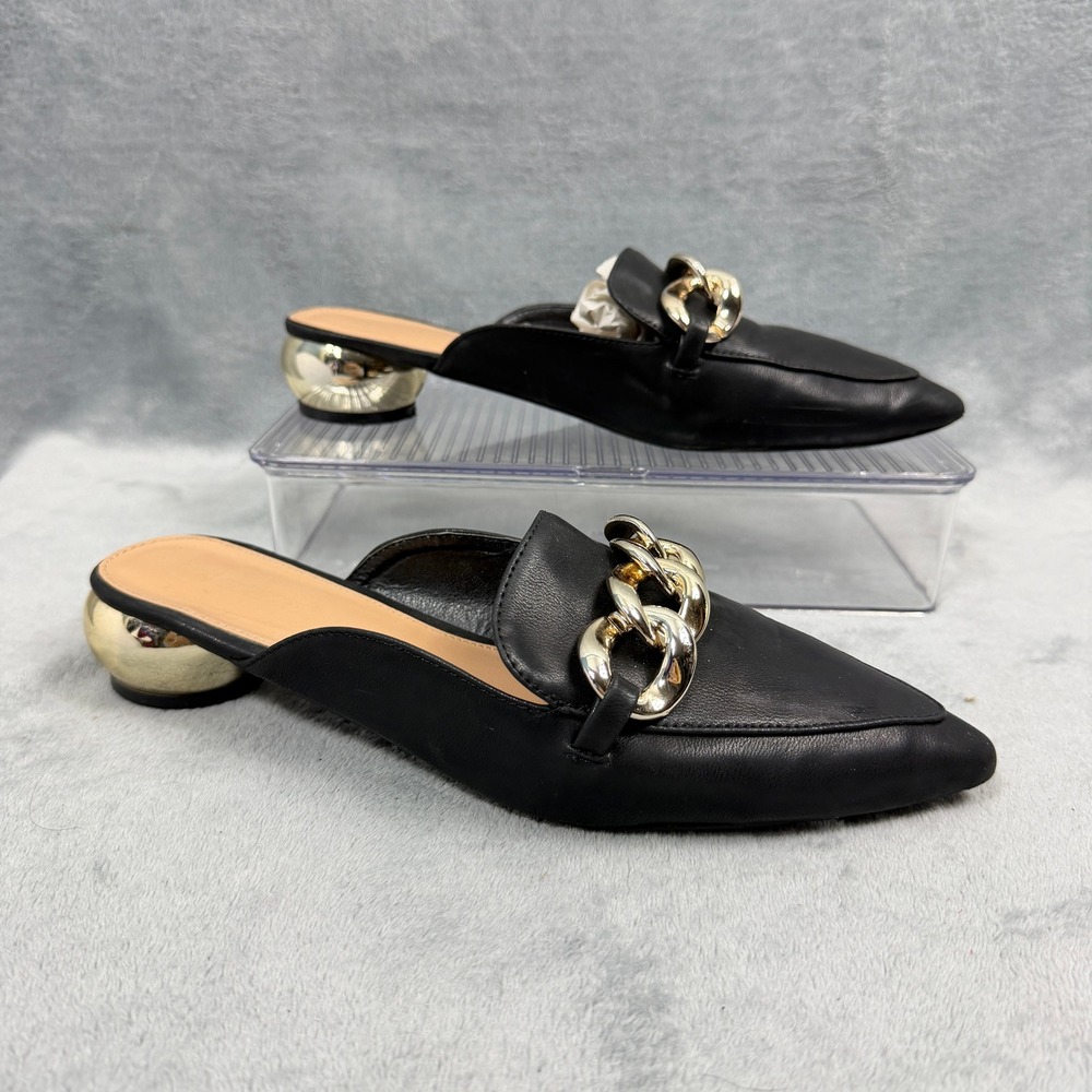 Kaedyn Womens 9 Black Mules Pointed Toe Gold Chain Metallic Orb Heel Siren Style
